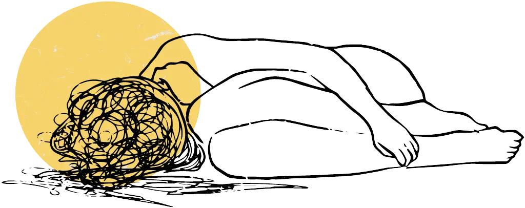 Illustration einer zusammengekauerten Person – Symbol für innere Erschöpfung nach dem Ausstieg