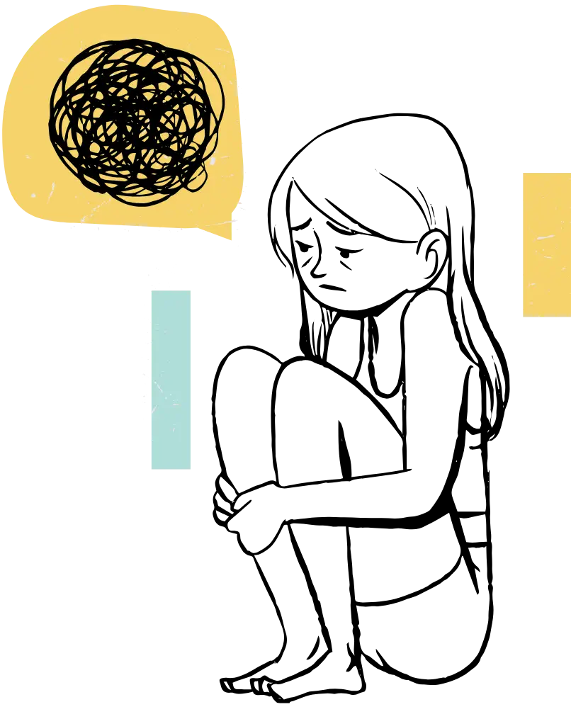 Illustration: zusammengekauert sitzende Person mit einer Gedankenblase voll wirrer Kritzel