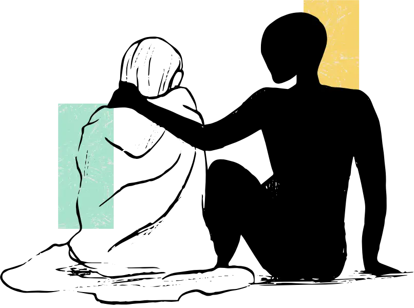 Illustration: eine Person legt einer trauernden, in eine Decke gehüllten Person tröstend die Hand auf die Schulter